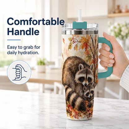 #pl[40oz|Green] Watercolor Raccoon 40oz Tumbler with Handle, Family Woodland Travel Cup