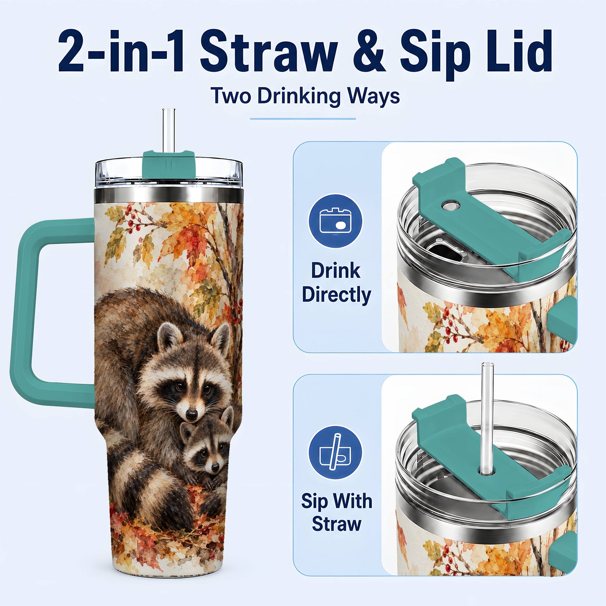 #pl[40oz|Green] Watercolor Raccoon 40oz Tumbler with Handle, Family Woodland Travel Cup