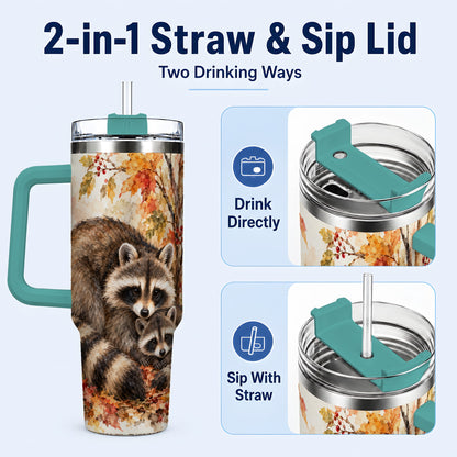 #pl[40oz|Green] Watercolor Raccoon 40oz Tumbler with Handle, Family Woodland Travel Cup