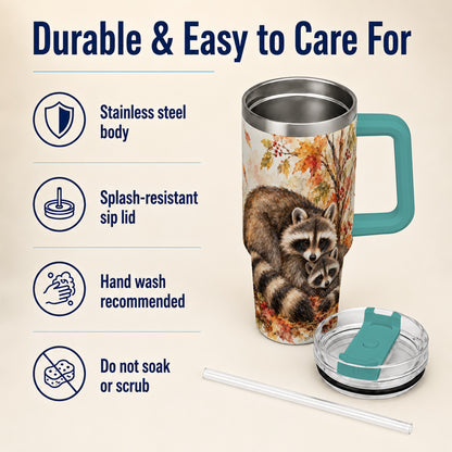 #pl[40oz|Green] Watercolor Raccoon 40oz Tumbler with Handle, Family Woodland Travel Cup