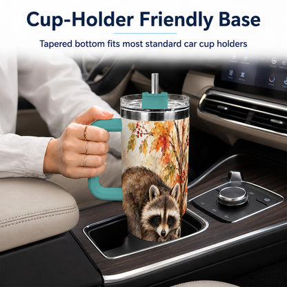 #pl[40oz|Green] Watercolor Raccoon 40oz Tumbler with Handle, Family Woodland Travel Cup