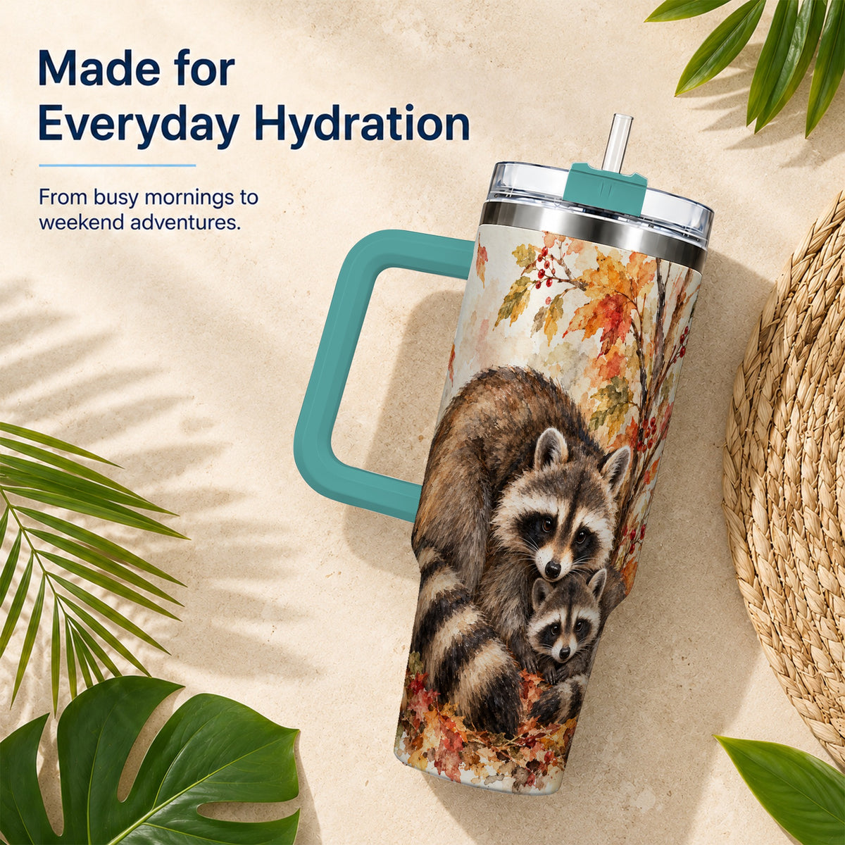 #pl[40oz|Green] Watercolor Raccoon 40oz Tumbler with Handle, Family Woodland Travel Cup