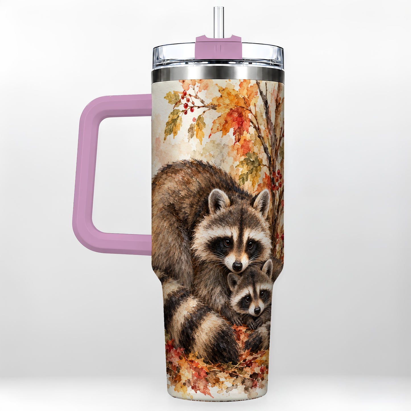 #pl[40oz|Pink] Watercolor Raccoon 40oz Tumbler with Handle, Family Woodland Travel Cup