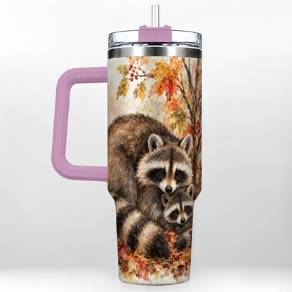 #pl[40oz|Pink] Watercolor Raccoon 40oz Tumbler with Handle, Family Woodland Travel Cup