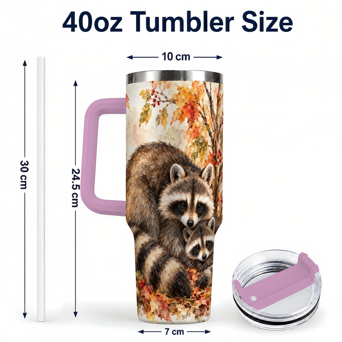 #pl[40oz|Pink] Watercolor Raccoon 40oz Tumbler with Handle, Family Woodland Travel Cup