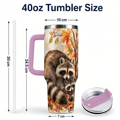 #pl[40oz|Pink] Watercolor Raccoon 40oz Tumbler with Handle, Family Woodland Travel Cup