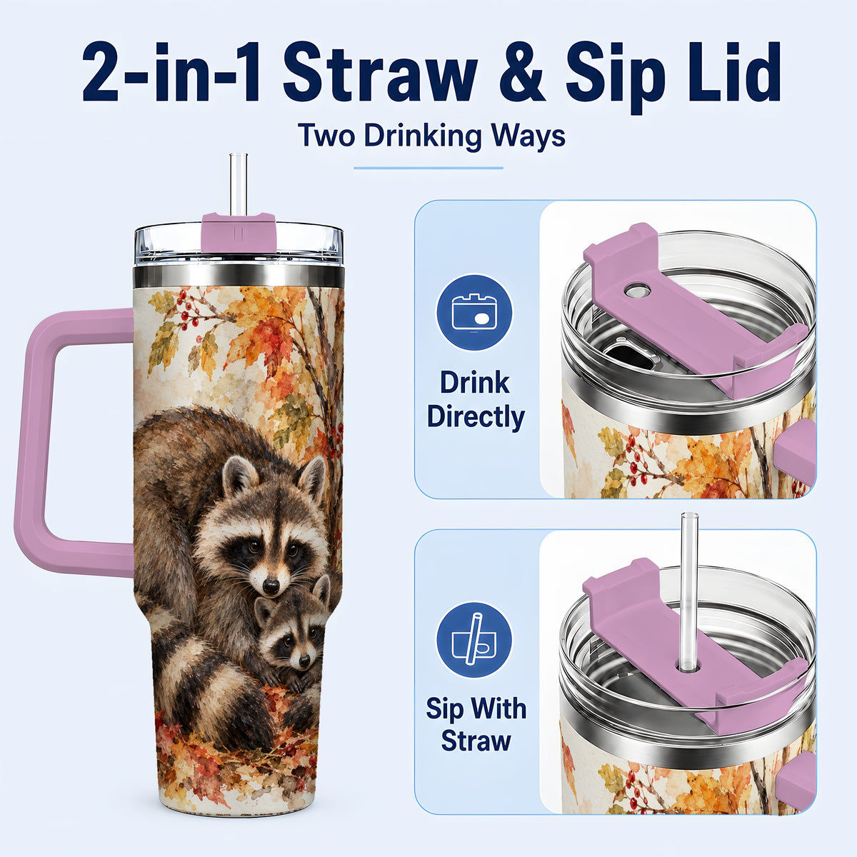 #pl[40oz|Pink] Watercolor Raccoon 40oz Tumbler with Handle, Family Woodland Travel Cup
