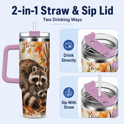 #pl[40oz|Pink] Watercolor Raccoon 40oz Tumbler with Handle, Family Woodland Travel Cup