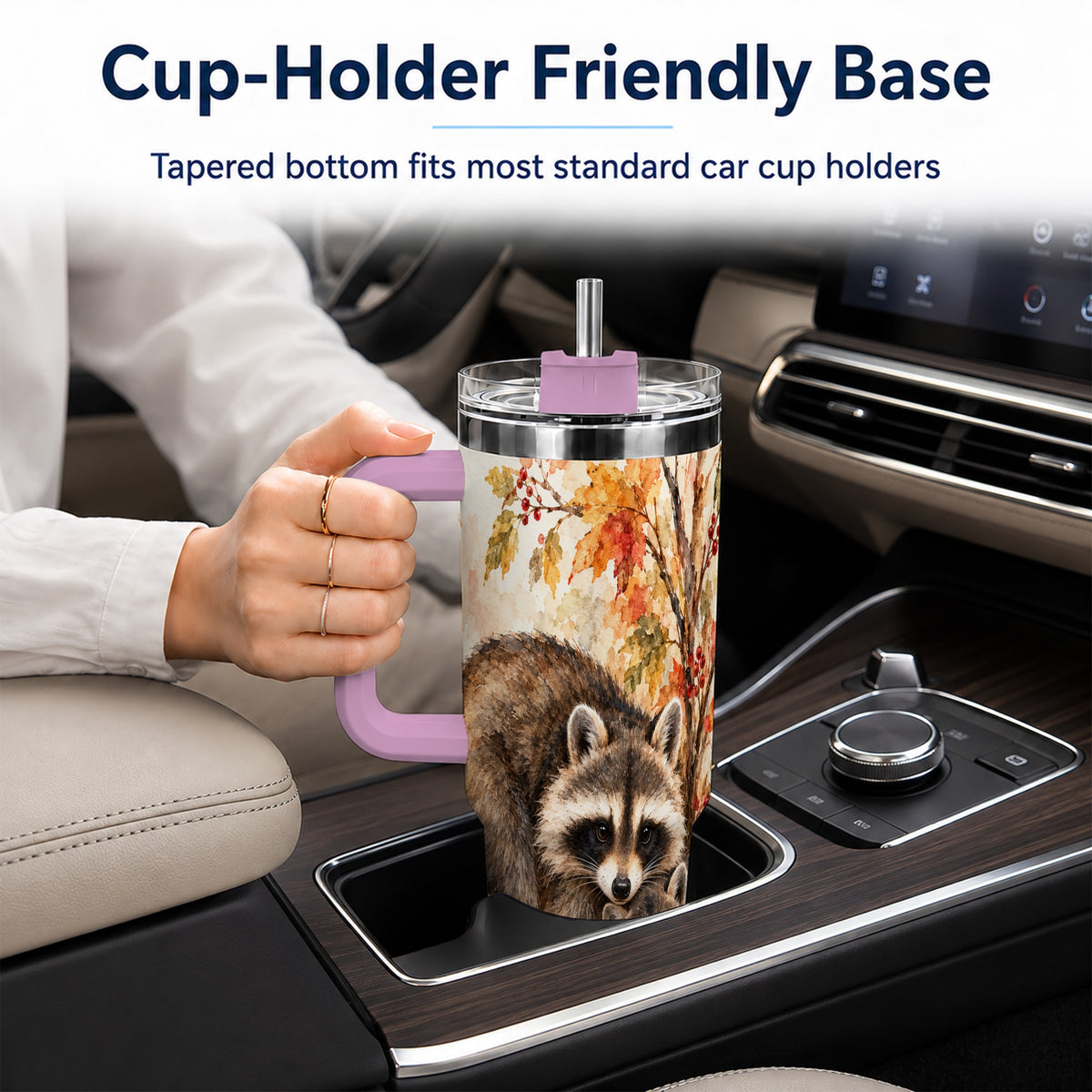 #pl[40oz|Pink] Watercolor Raccoon 40oz Tumbler with Handle, Family Woodland Travel Cup
