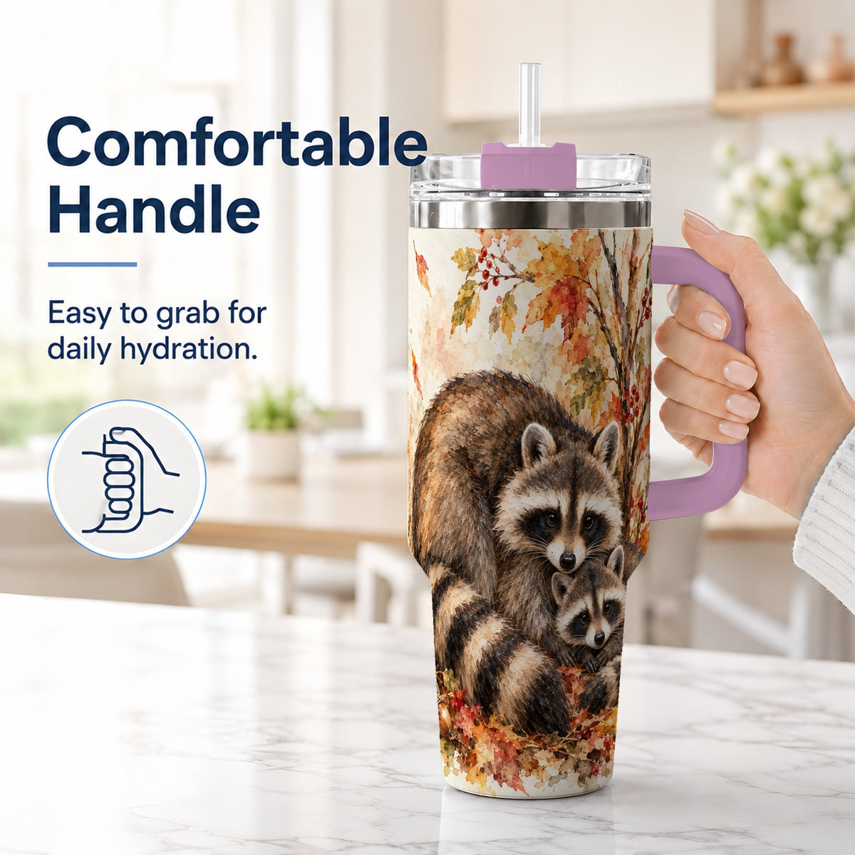 #pl[40oz|Pink] Watercolor Raccoon 40oz Tumbler with Handle, Family Woodland Travel Cup