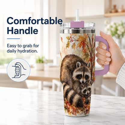 #pl[40oz|Pink] Watercolor Raccoon 40oz Tumbler with Handle, Family Woodland Travel Cup