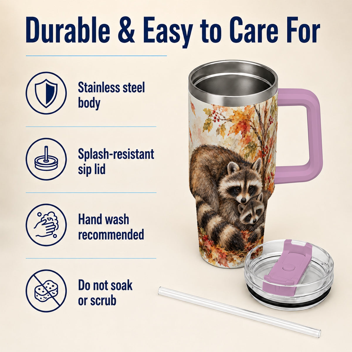 #pl[40oz|Pink] Watercolor Raccoon 40oz Tumbler with Handle, Family Woodland Travel Cup