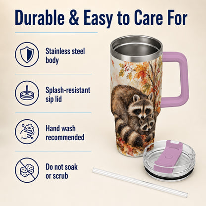 #pl[40oz|Pink] Watercolor Raccoon 40oz Tumbler with Handle, Family Woodland Travel Cup