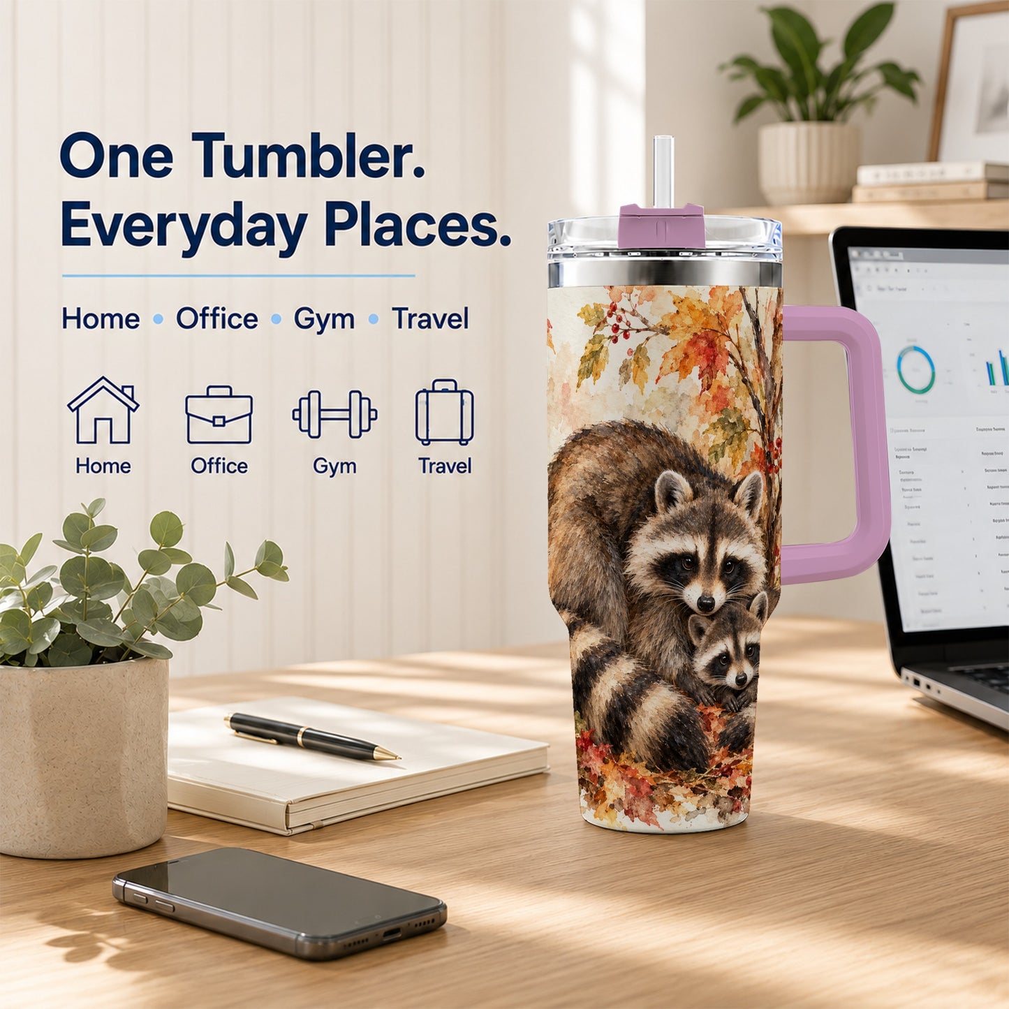 #pl[40oz|Pink] Watercolor Raccoon 40oz Tumbler with Handle, Family Woodland Travel Cup