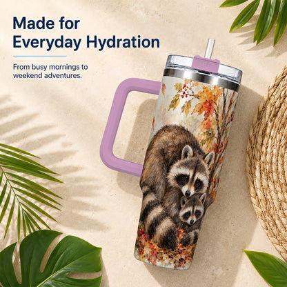 #pl[40oz|Pink] Watercolor Raccoon 40oz Tumbler with Handle, Family Woodland Travel Cup