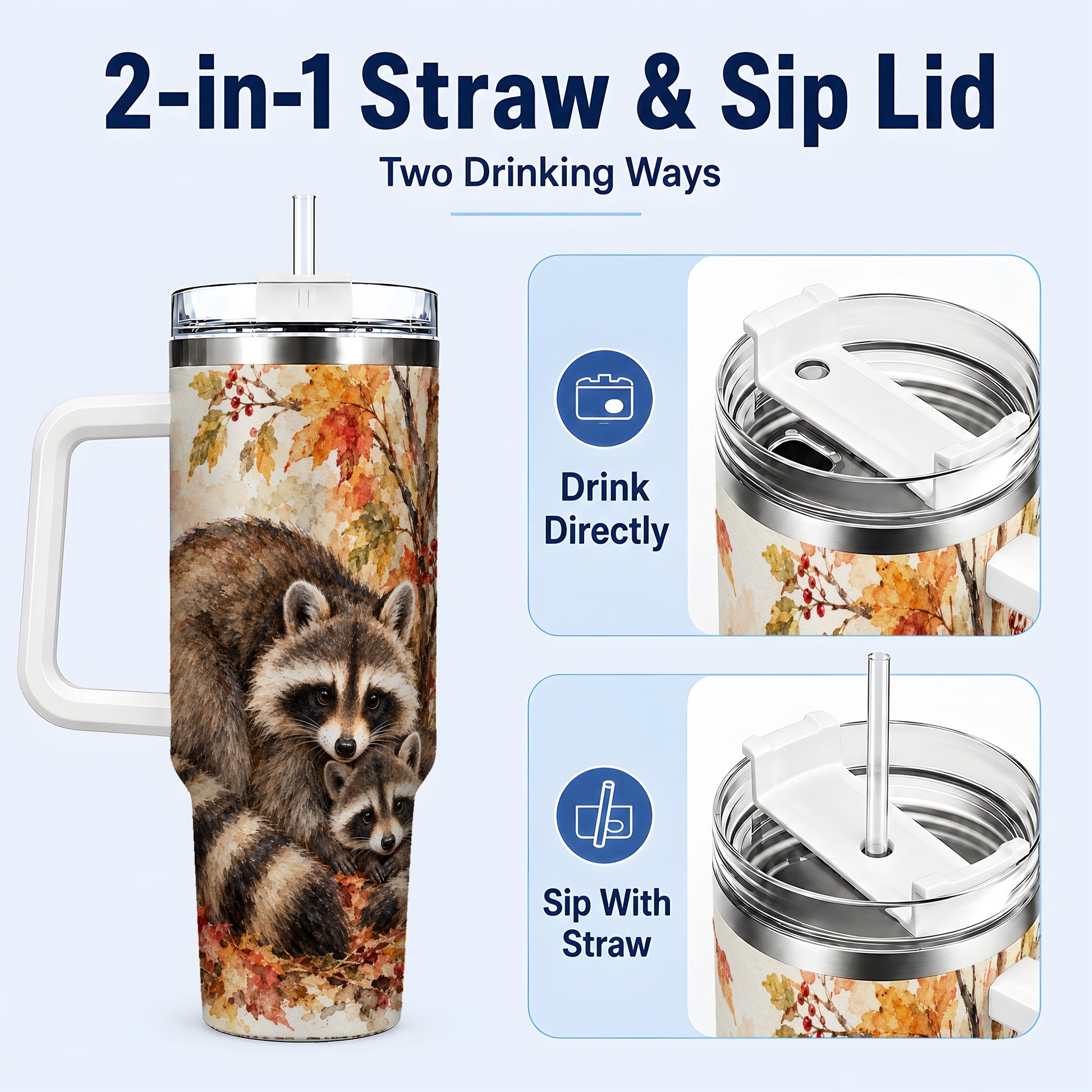 #pl[40oz|White] Watercolor Raccoon 40oz Tumbler with Handle, Family Woodland Travel Cup
