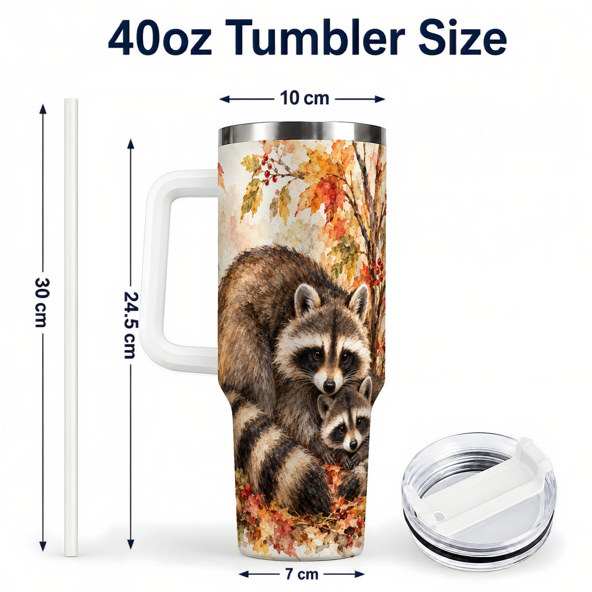 #pl[40oz|White] Watercolor Raccoon 40oz Tumbler with Handle, Family Woodland Travel Cup