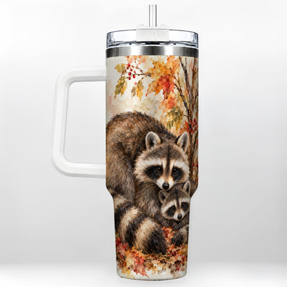 Watercolor Raccoon 40oz Tumbler with Handle, Family Woodland Travel Cup