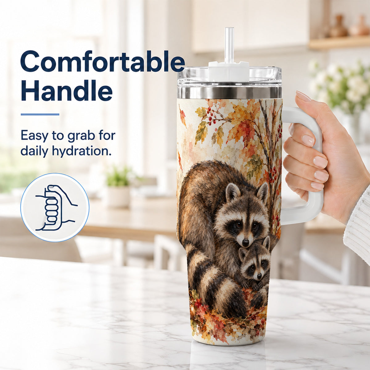 #pl[40oz|White] Watercolor Raccoon 40oz Tumbler with Handle, Family Woodland Travel Cup