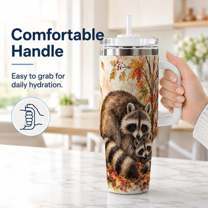 #pl[40oz|White] Watercolor Raccoon 40oz Tumbler with Handle, Family Woodland Travel Cup