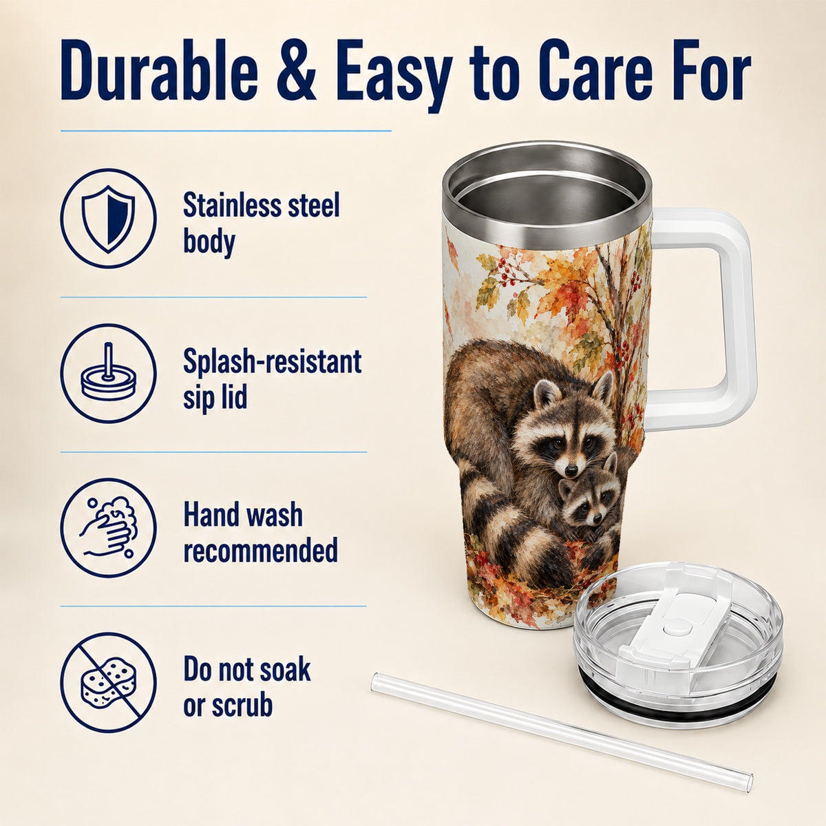 #pl[40oz|White] Watercolor Raccoon 40oz Tumbler with Handle, Family Woodland Travel Cup