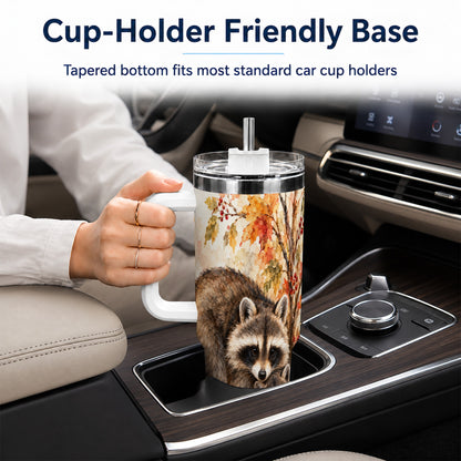 #pl[40oz|White] Watercolor Raccoon 40oz Tumbler with Handle, Family Woodland Travel Cup