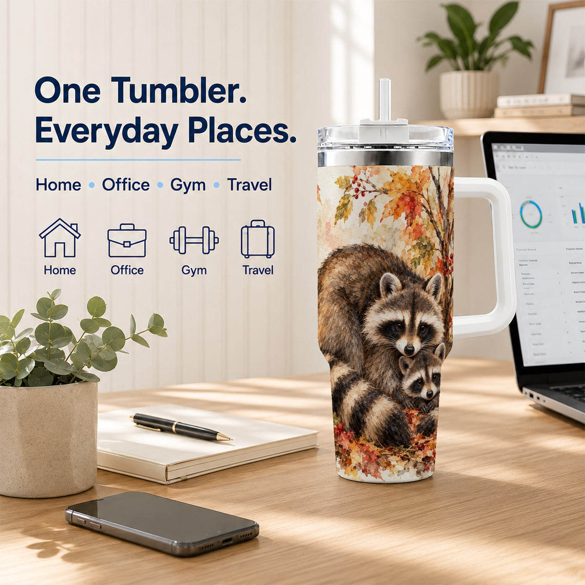 #pl[40oz|White] Watercolor Raccoon 40oz Tumbler with Handle, Family Woodland Travel Cup