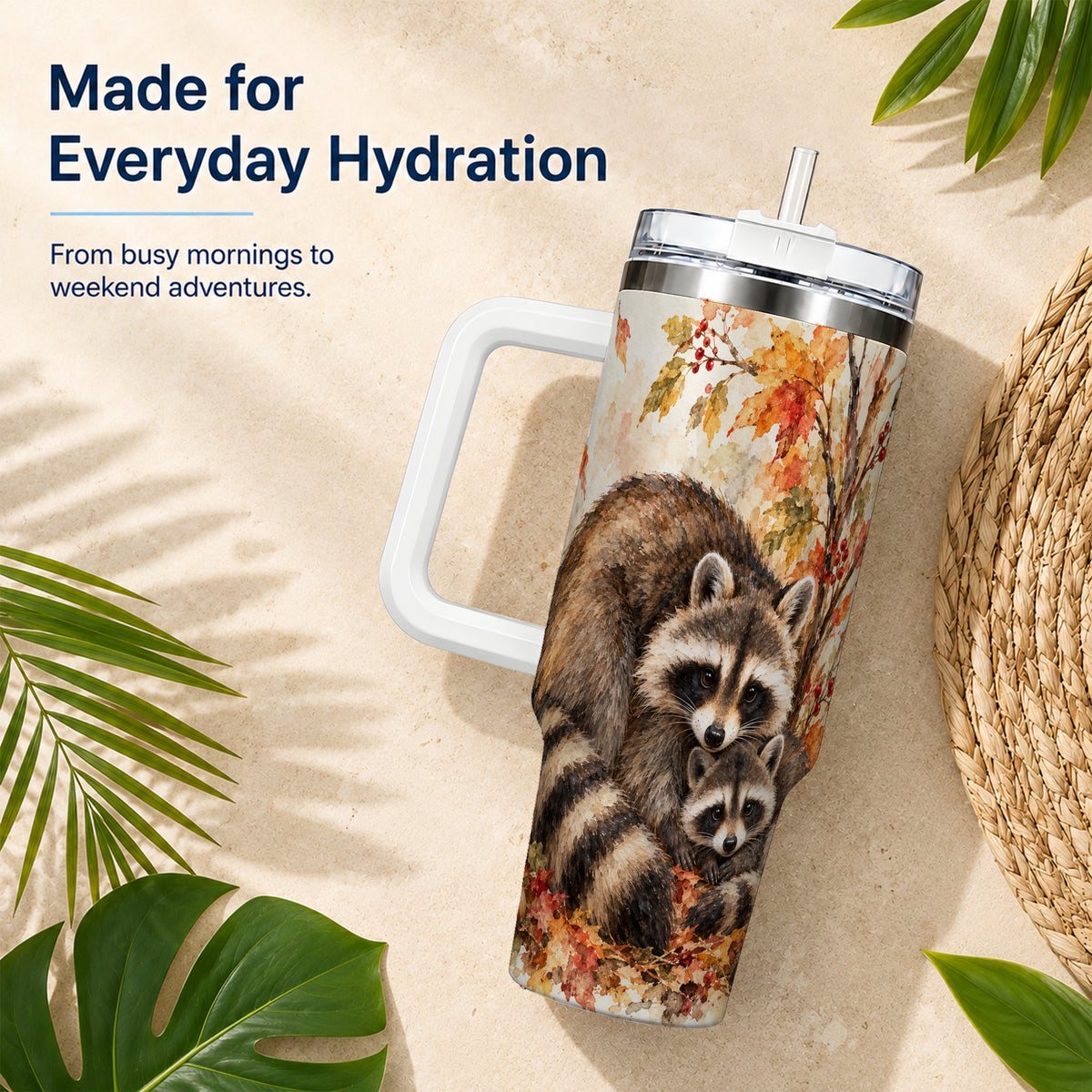 #pl[40oz|White] Watercolor Raccoon 40oz Tumbler with Handle, Family Woodland Travel Cup