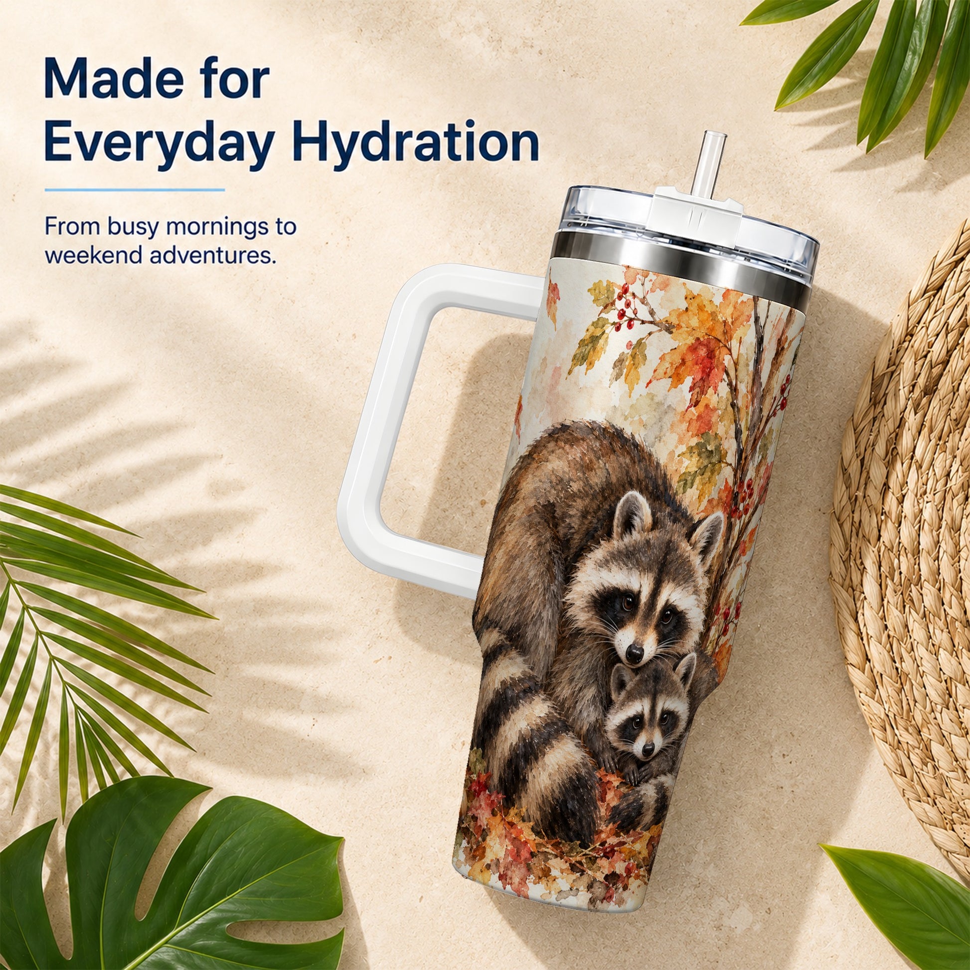 #pl[40oz|White] Watercolor Raccoon 40oz Tumbler with Handle, Family Woodland Travel Cup