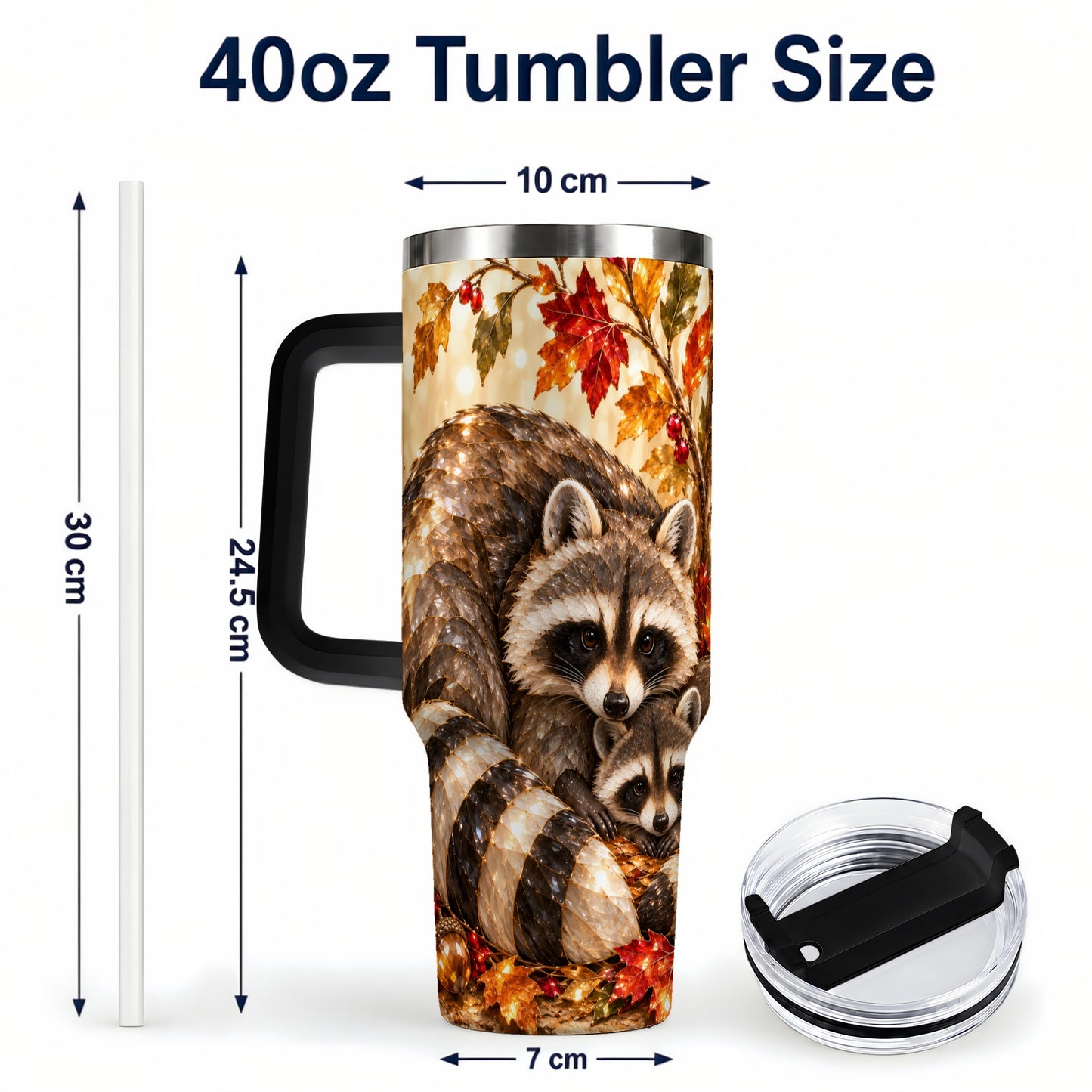 #pl[40oz|Black] Jeweled Raccoon 40oz Tumbler with Handle, Family Woodland Travel Cup