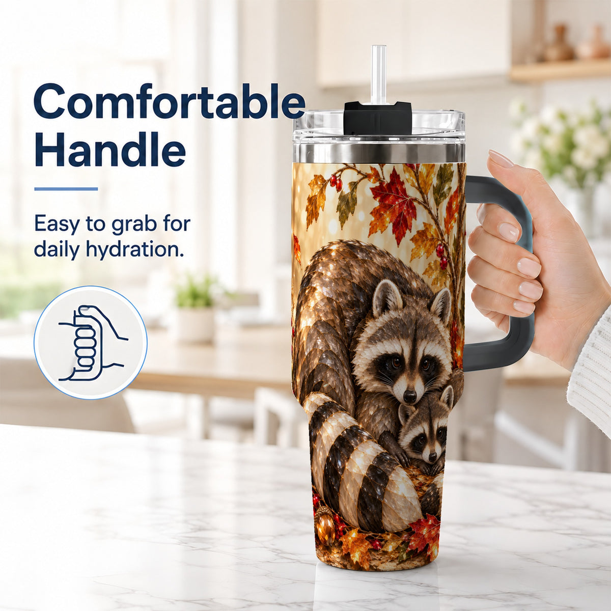 #pl[40oz|Black] Jeweled Raccoon 40oz Tumbler with Handle, Family Woodland Travel Cup