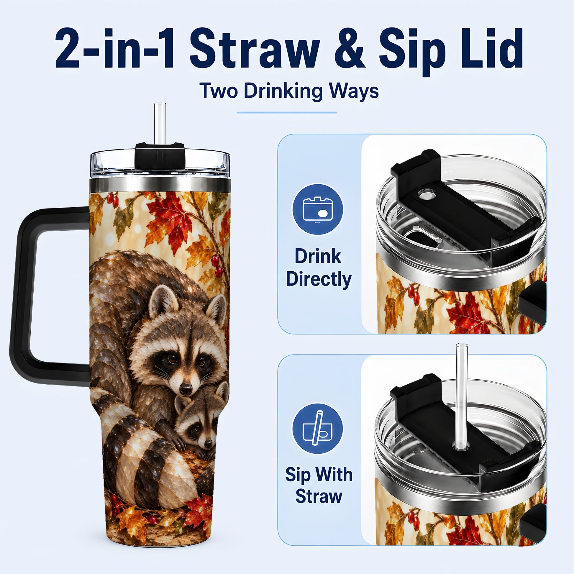 #pl[40oz|Black] Jeweled Raccoon 40oz Tumbler with Handle, Family Woodland Travel Cup