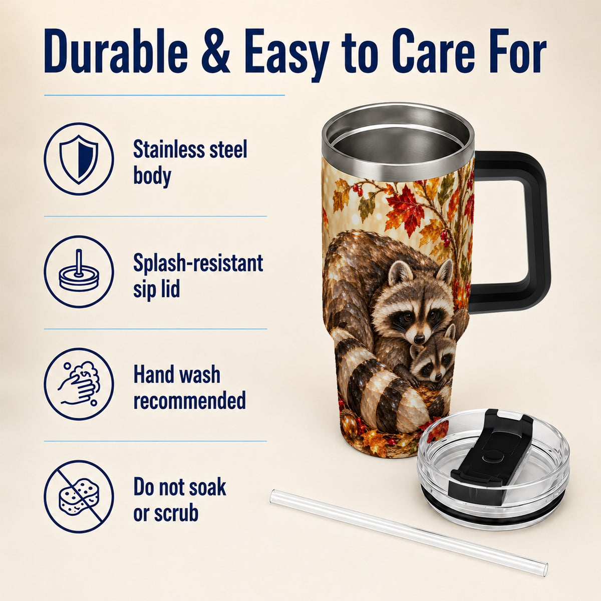 #pl[40oz|Black] Jeweled Raccoon 40oz Tumbler with Handle, Family Woodland Travel Cup