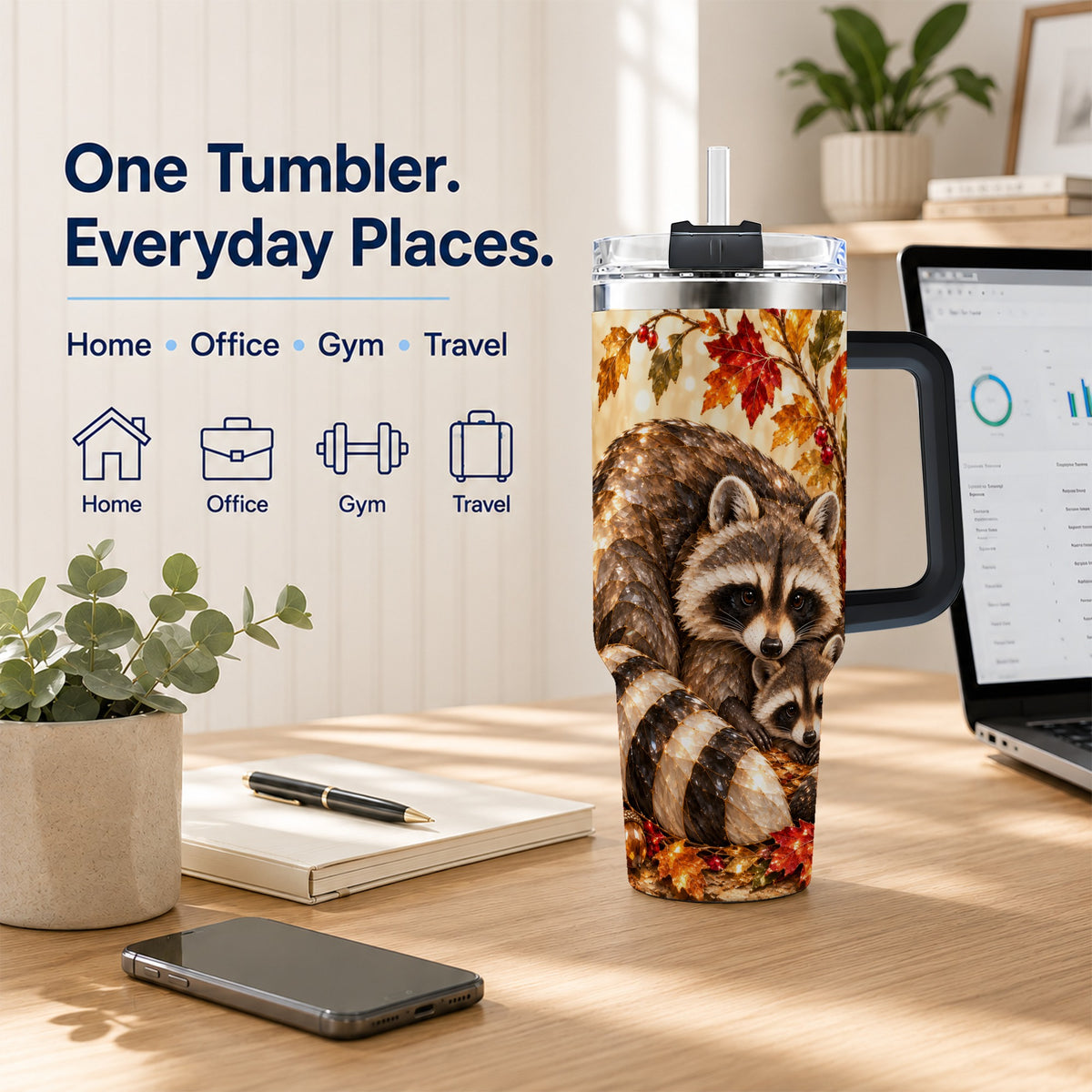 #pl[40oz|Black] Jeweled Raccoon 40oz Tumbler with Handle, Family Woodland Travel Cup