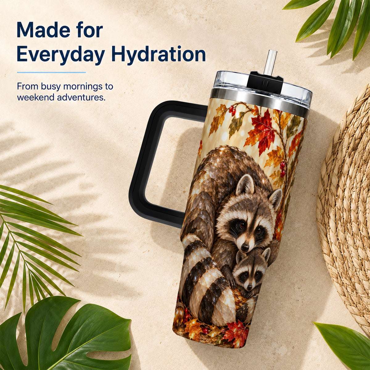 #pl[40oz|Black] Jeweled Raccoon 40oz Tumbler with Handle, Family Woodland Travel Cup