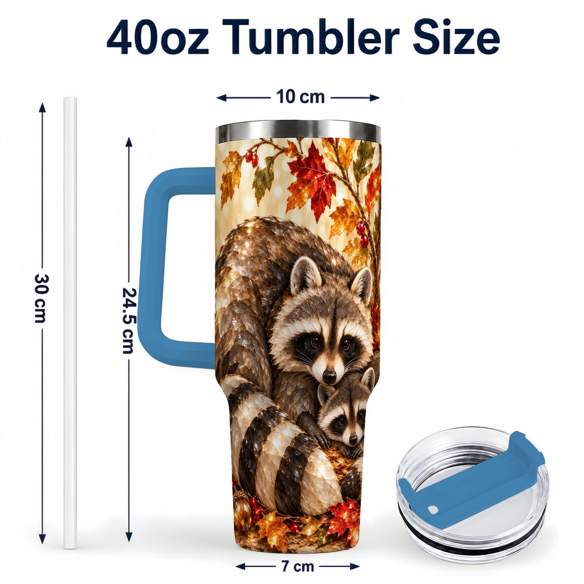 #pl[40oz|Blue] Jeweled Raccoon 40oz Tumbler with Handle, Family Woodland Travel Cup