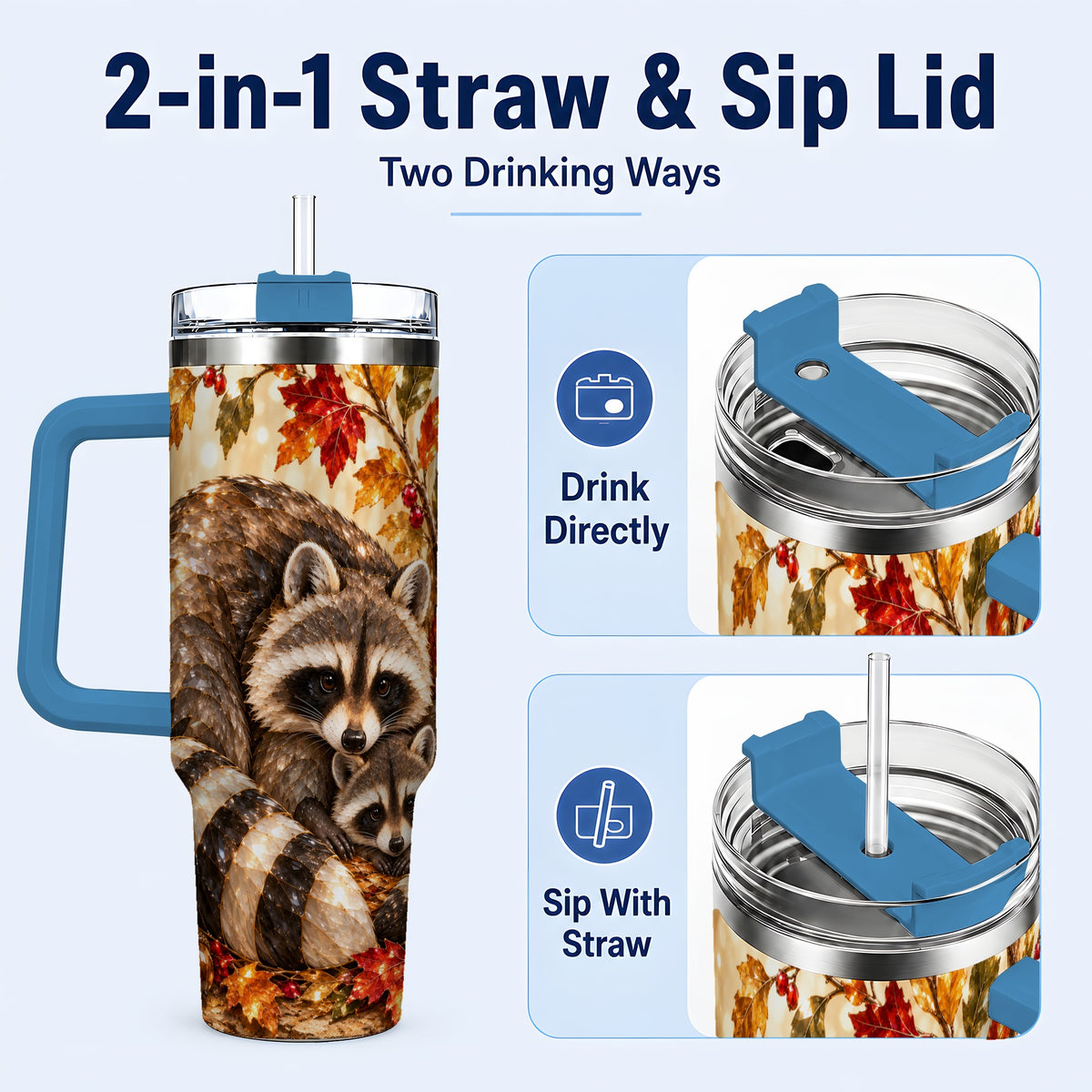 #pl[40oz|Blue] Jeweled Raccoon 40oz Tumbler with Handle, Family Woodland Travel Cup