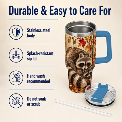 #pl[40oz|Blue] Jeweled Raccoon 40oz Tumbler with Handle, Family Woodland Travel Cup