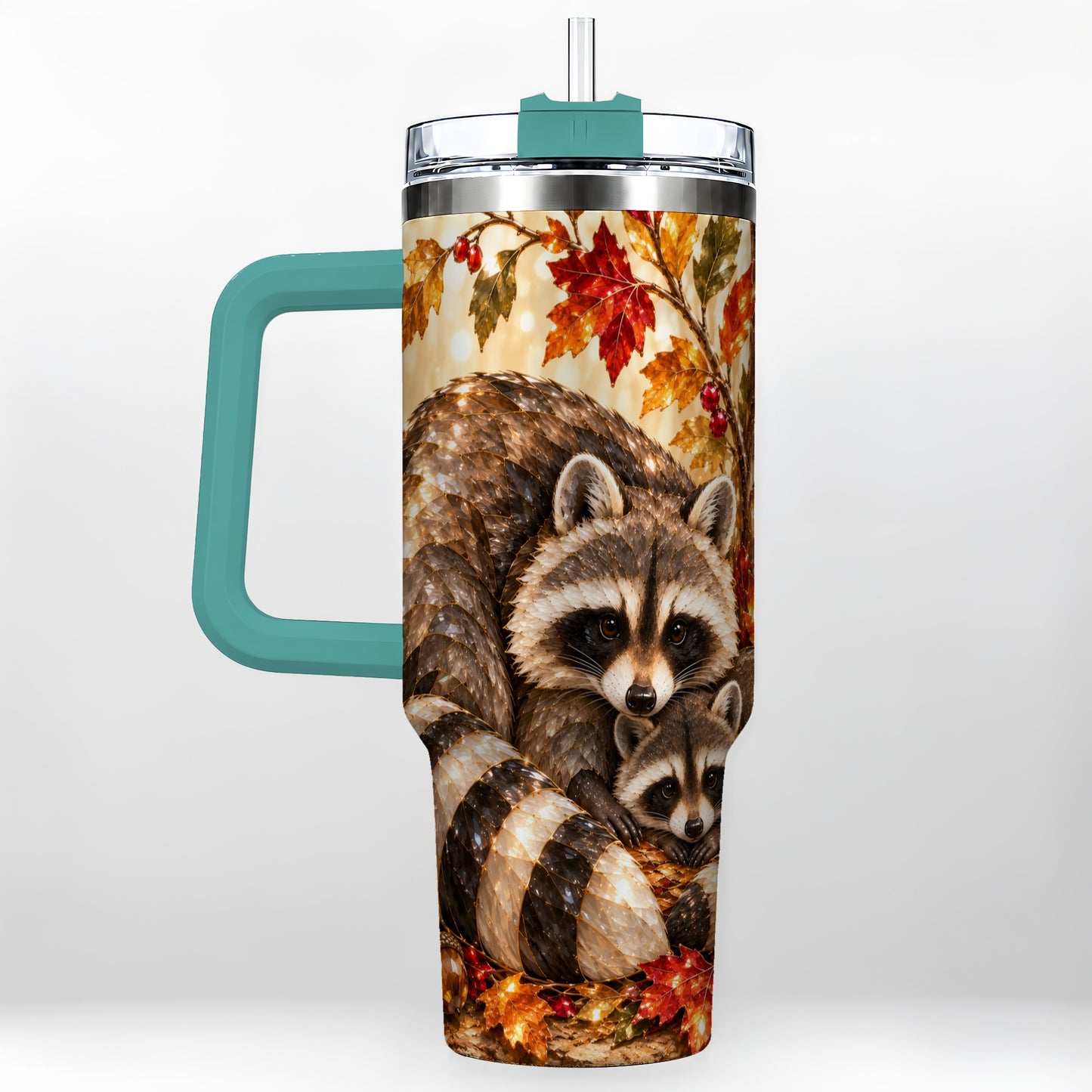 #pl[40oz|Green] Jeweled Raccoon 40oz Tumbler with Handle, Family Woodland Travel Cup
