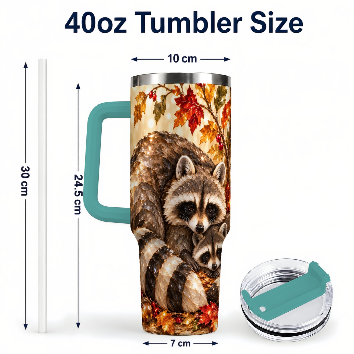 #pl[40oz|Green] Jeweled Raccoon 40oz Tumbler with Handle, Family Woodland Travel Cup