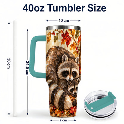 #pl[40oz|Green] Jeweled Raccoon 40oz Tumbler with Handle, Family Woodland Travel Cup