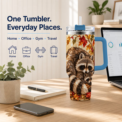 #pl[40oz|Blue] Jeweled Raccoon 40oz Tumbler with Handle, Family Woodland Travel Cup