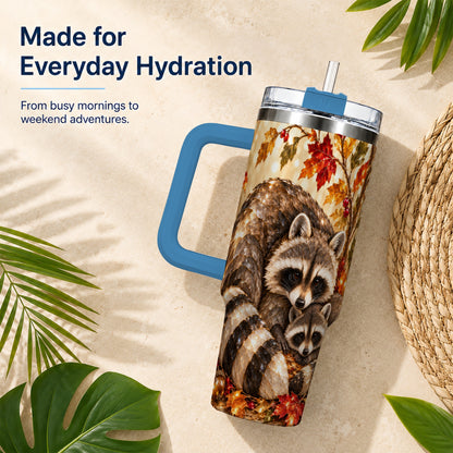 #pl[40oz|Blue] Jeweled Raccoon 40oz Tumbler with Handle, Family Woodland Travel Cup
