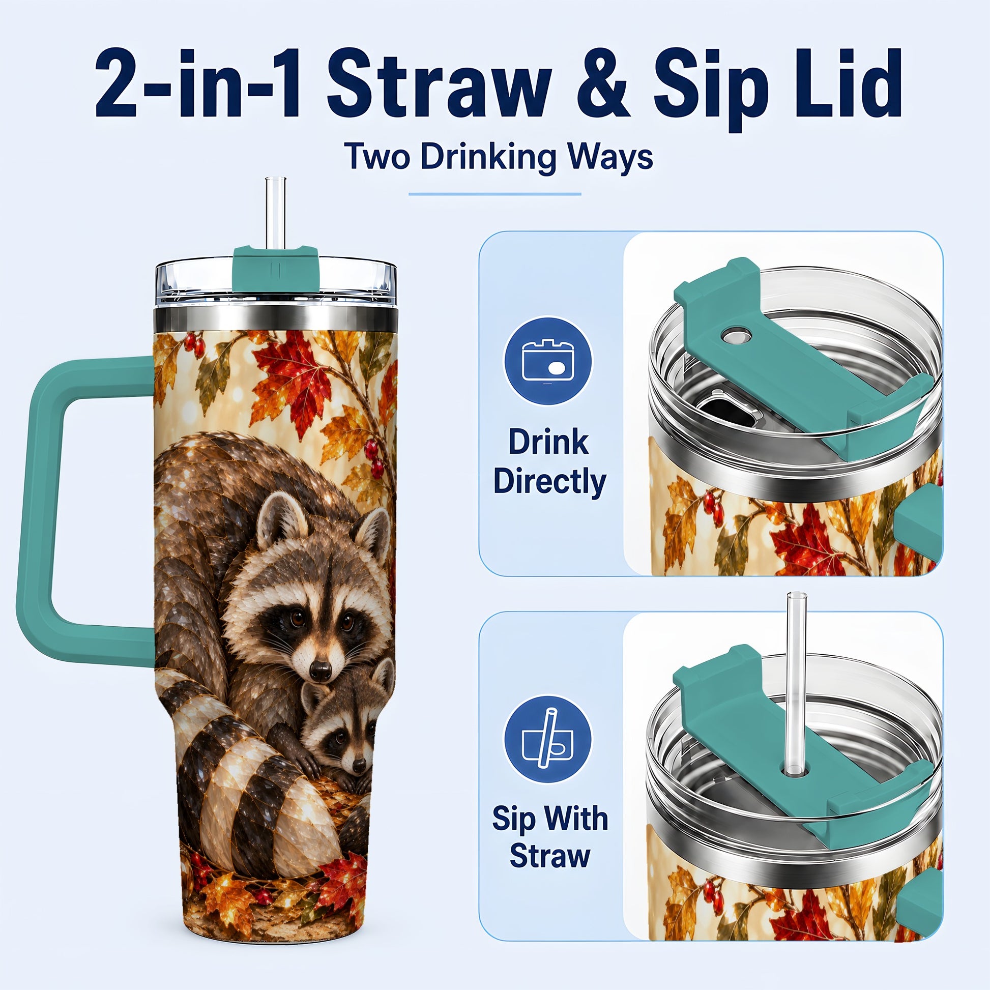 #pl[40oz|Green] Jeweled Raccoon 40oz Tumbler with Handle, Family Woodland Travel Cup