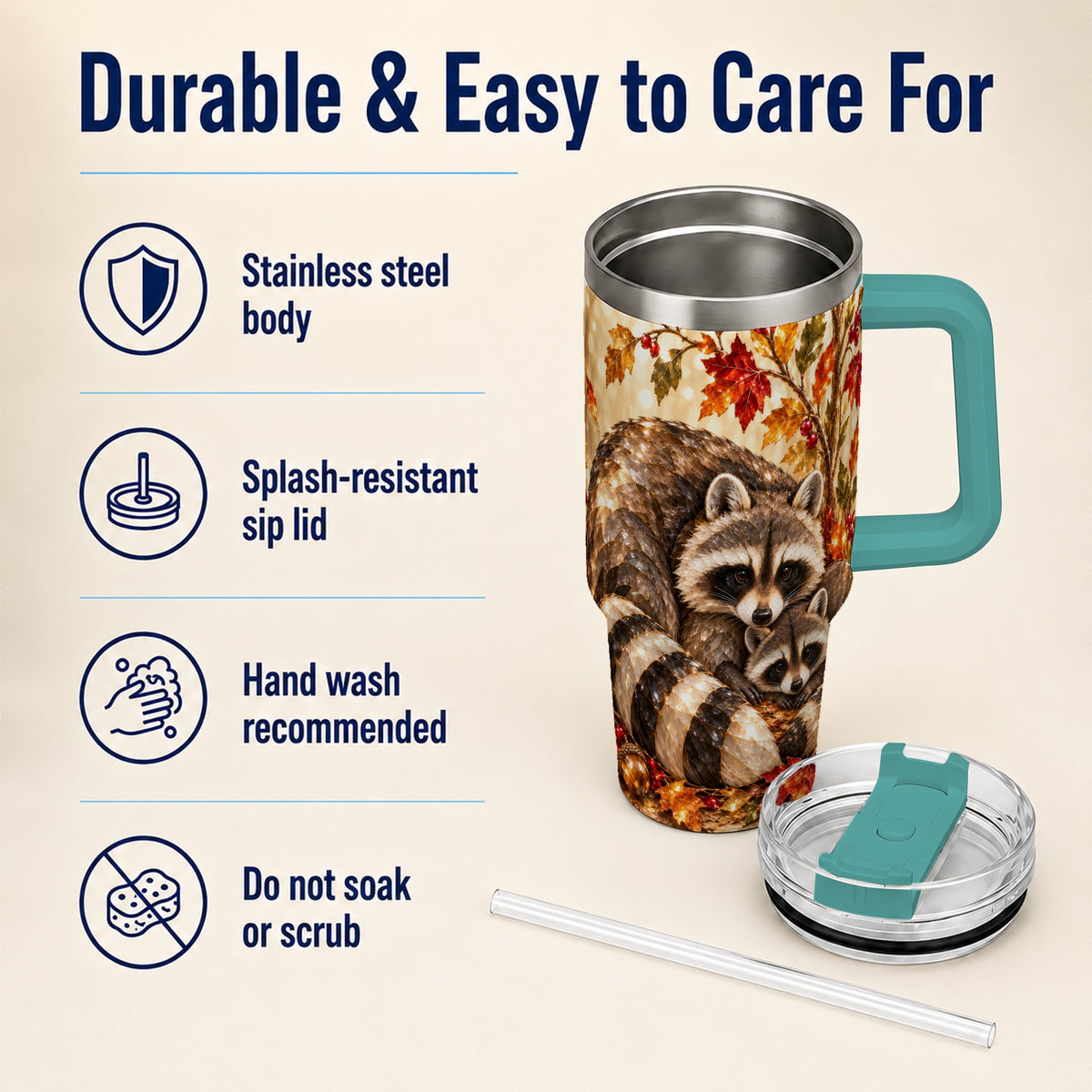 #pl[40oz|Green] Jeweled Raccoon 40oz Tumbler with Handle, Family Woodland Travel Cup