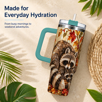 #pl[40oz|Green] Jeweled Raccoon 40oz Tumbler with Handle, Family Woodland Travel Cup