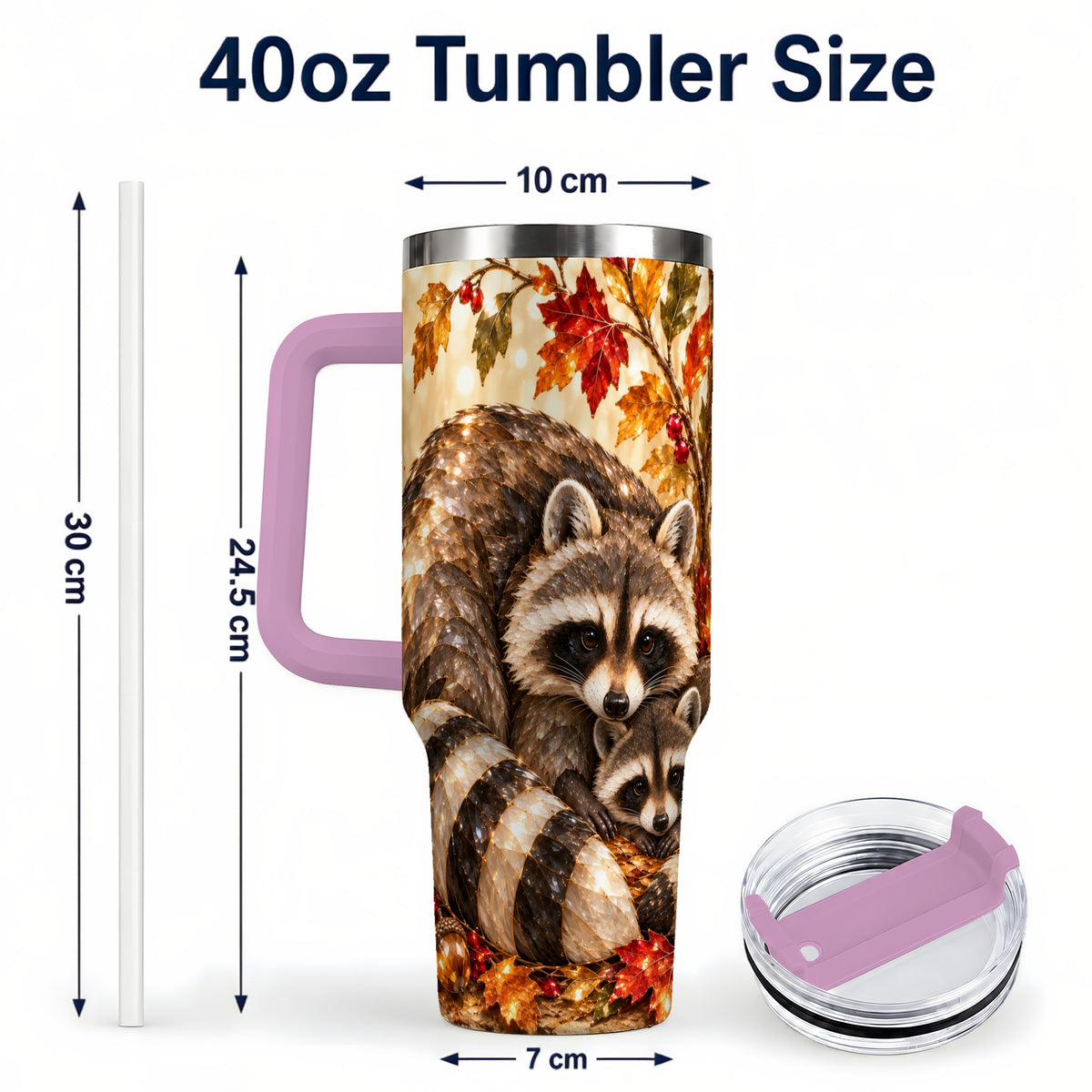 #pl[40oz|Pink] Jeweled Raccoon 40oz Tumbler with Handle, Family Woodland Travel Cup