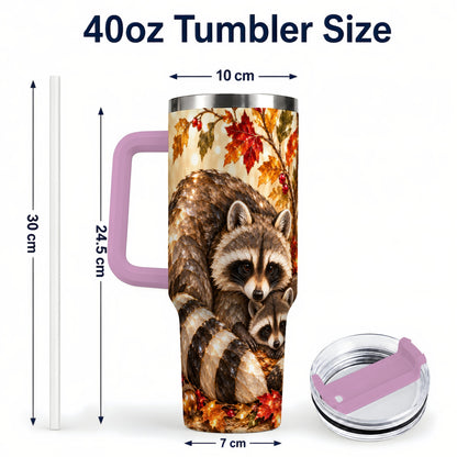 #pl[40oz|Pink] Jeweled Raccoon 40oz Tumbler with Handle, Family Woodland Travel Cup