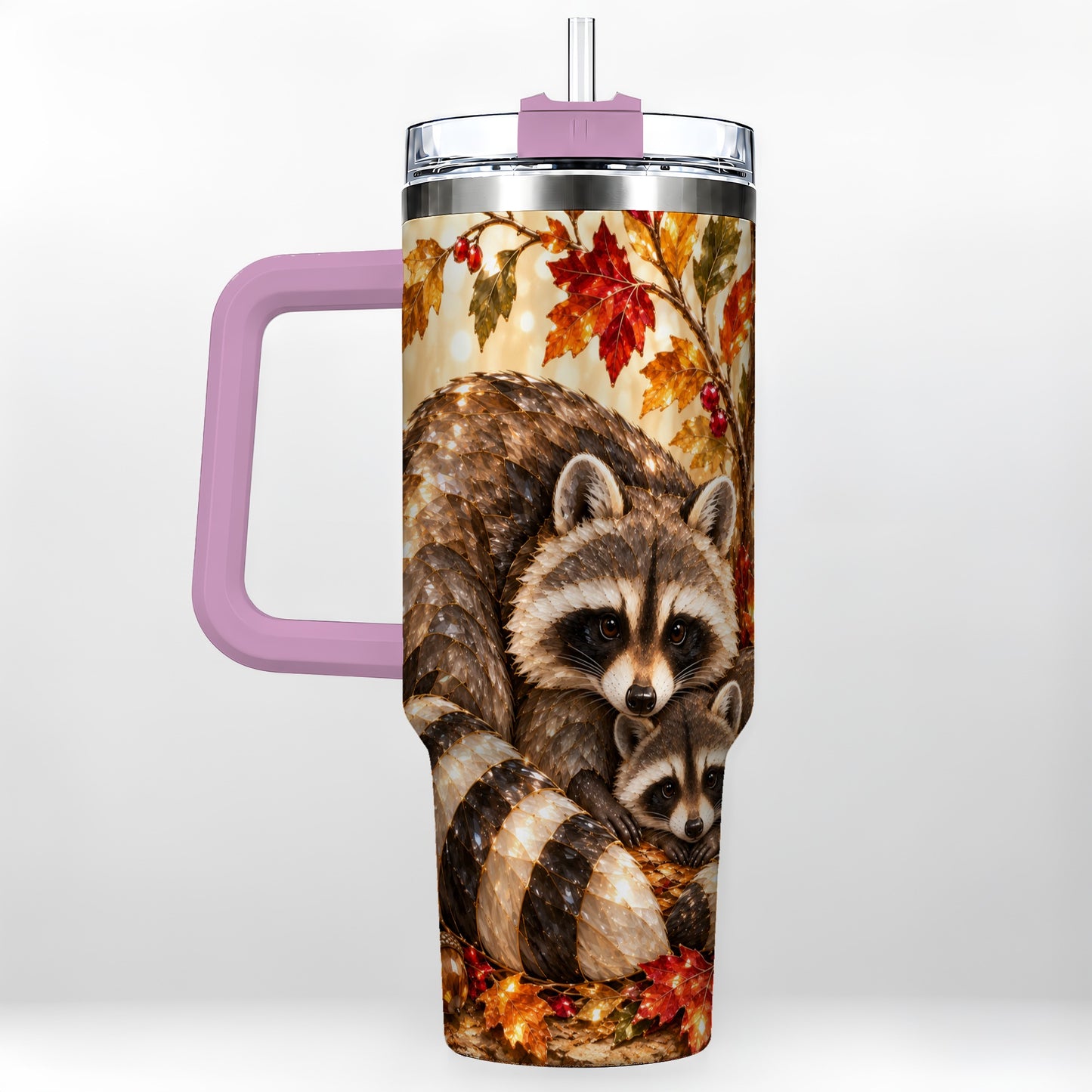 #pl[40oz|Pink] Jeweled Raccoon 40oz Tumbler with Handle, Family Woodland Travel Cup