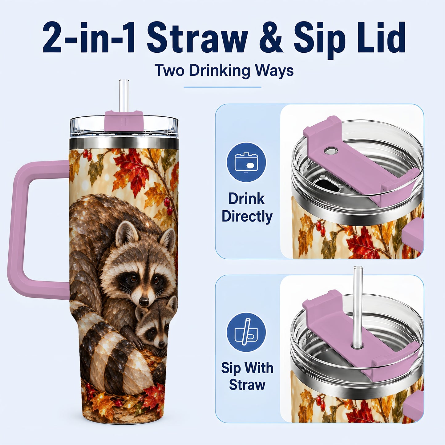 #pl[40oz|Pink] Jeweled Raccoon 40oz Tumbler with Handle, Family Woodland Travel Cup